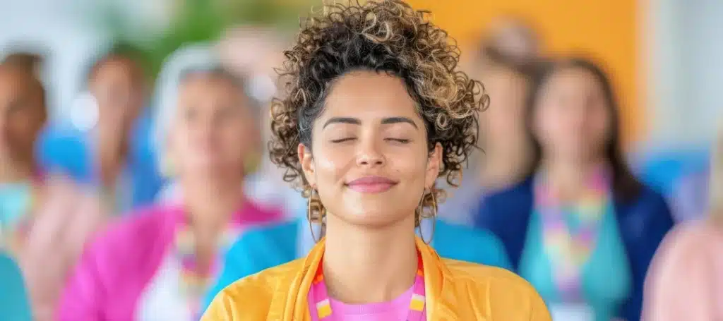 Young woman with curly hair meditating with eyes closed, smiling peacefully in a colorful group setting during a wellness or mindfulness session.