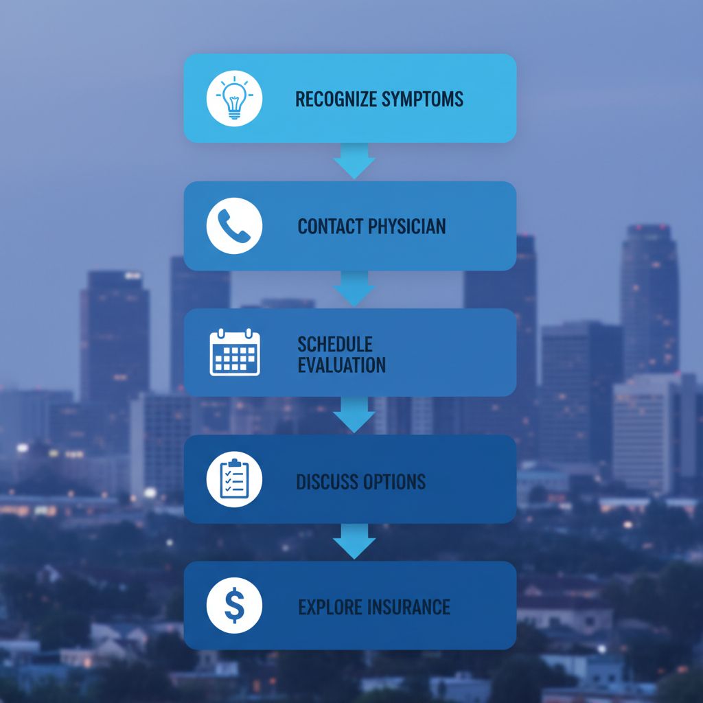 Vertical process flow diagram illustrating five steps to initiate depression treatment in Torrance, featuring icons and minimal labels.